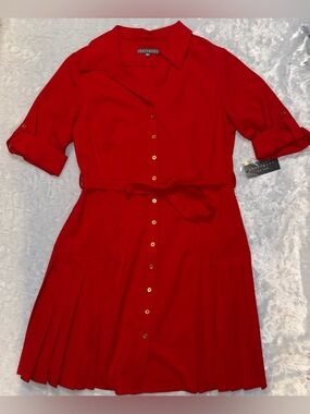 Sharagano Red Button-Front Shirt Dress with Tie Waist